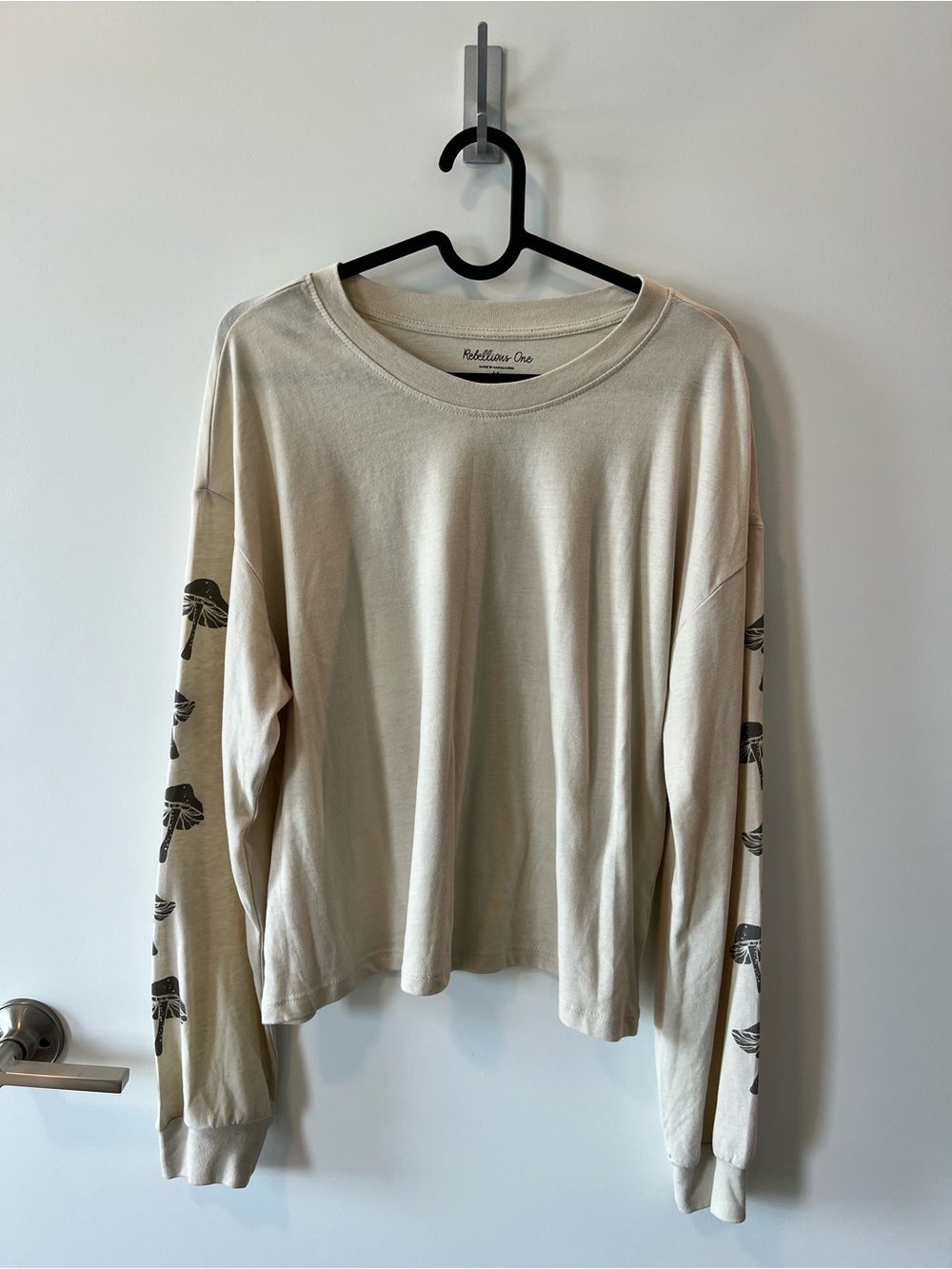 Rebellious One Cream Long Sleeve Tee with Mushroom Sleeve Prints